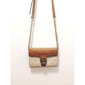 Michael Kors Vanna Mini Crossbody Purse Tan Leather and Vanille Monogram